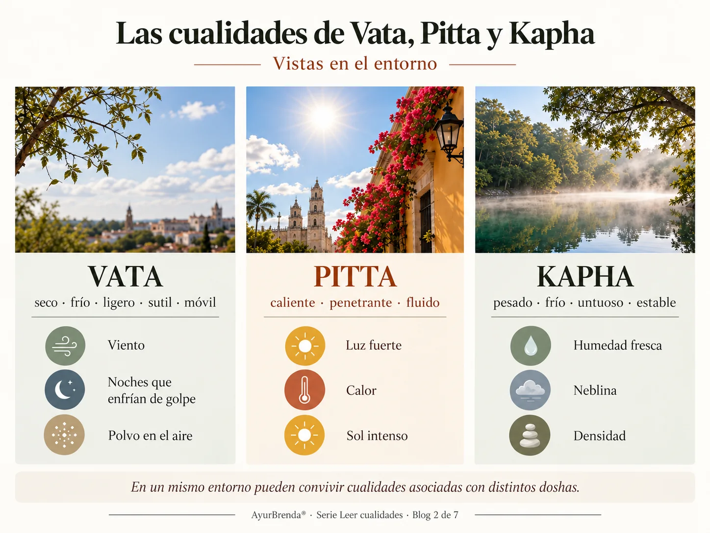 Las cualidades que Ayurveda relaciona con Vata, Pitta y Kapha, vistas en el entorno