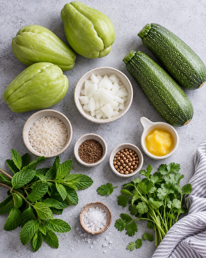 Chayotes, calabacitas, cebolla picada, arroz, comino, semilla de cilantro, ghee, hierbabuena, cilantro y sal de grano sobre una mesa gris
