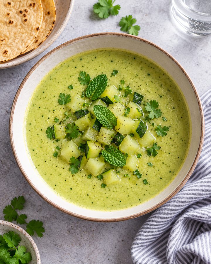 Plato hondo de crema de chayote con cubos de verdura, hierbabuena y cilantro, con tortillas de maíz y un vaso de agua