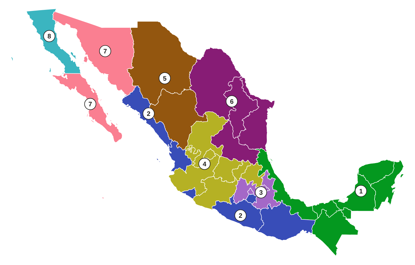 Mapa de México agrupado en ocho zonas para interpretar las estaciones desde Ayurveda