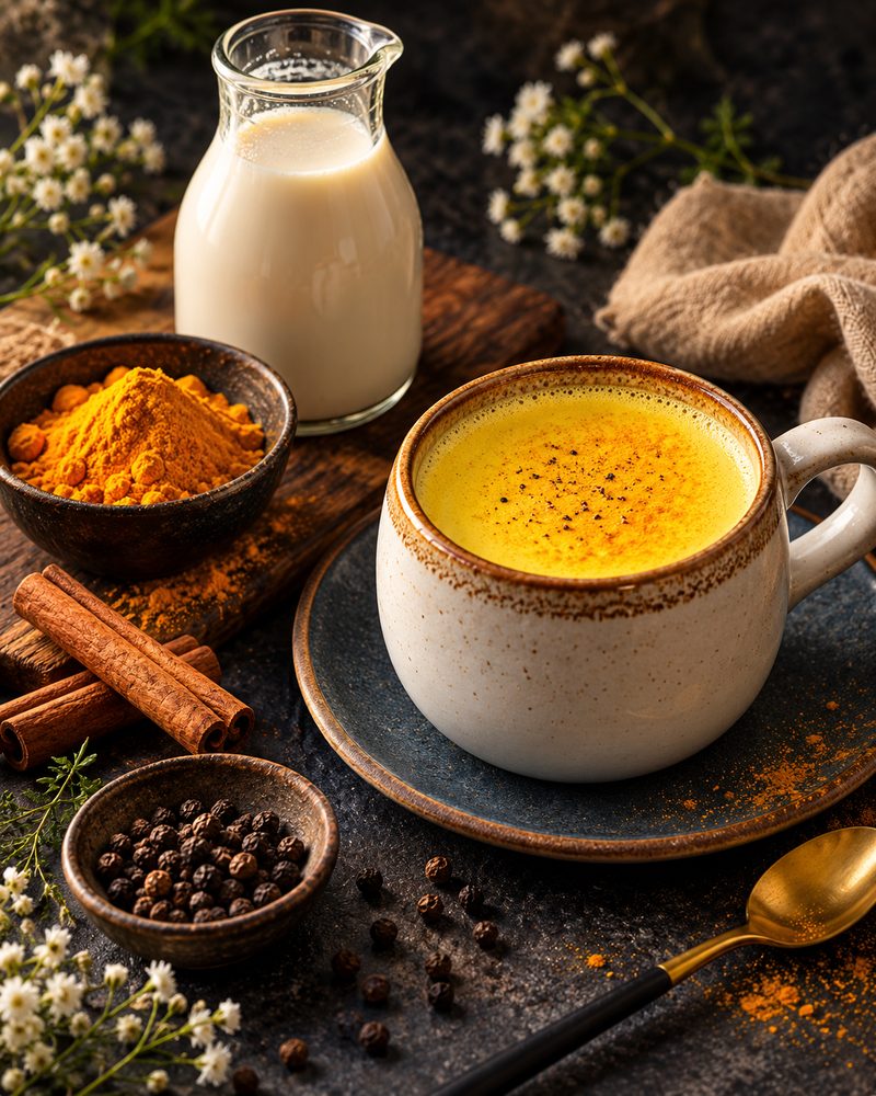 Taza de cerámica con leche dorada de cúrcuma sobre un plato azul, con una jarra de leche, cúrcuma en polvo y rajas de canela al fondo