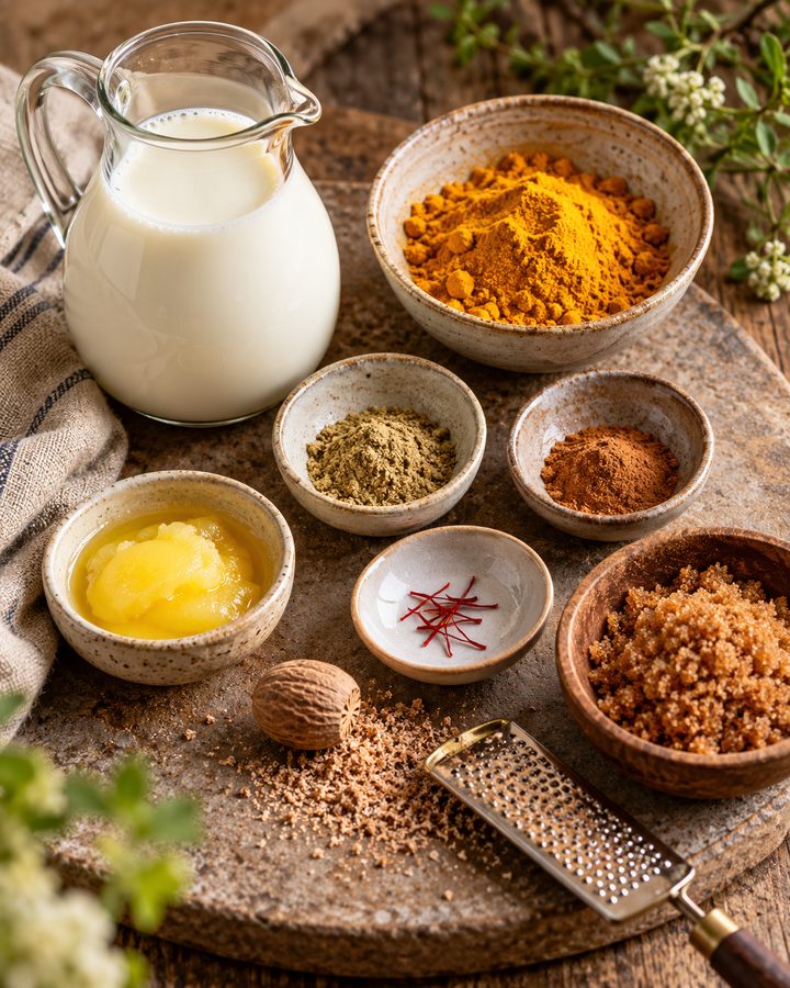 Jarra de leche, cúrcuma, cardamomo y canela molidos, ghee, hebras de azafrán, nuez moscada entera con rallador y azúcar mascabado sobre una tabla