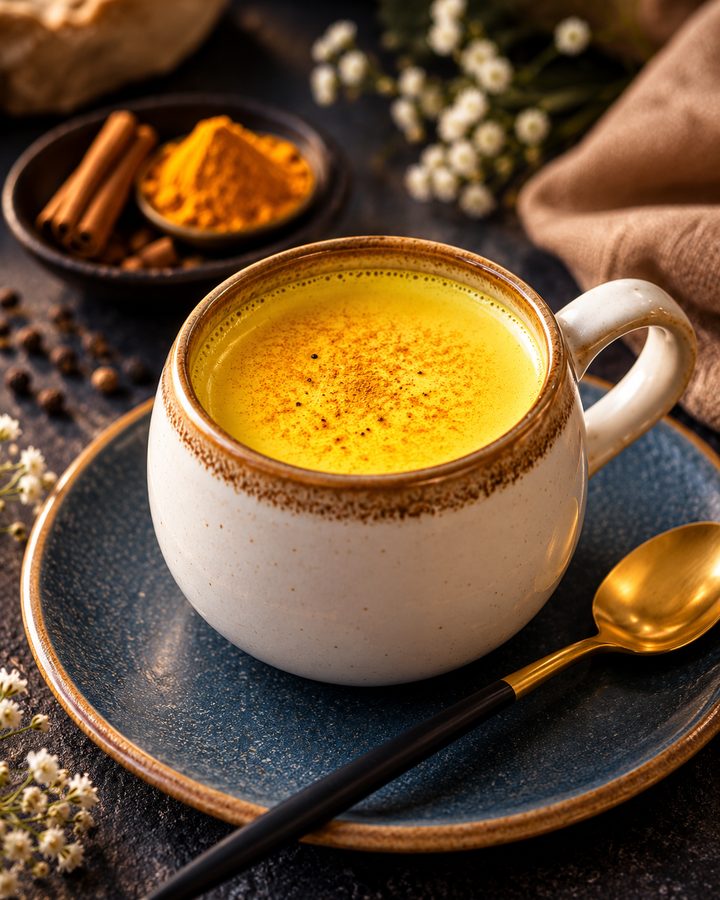 Taza de leche de cúrcuma con una pizca de canela encima, sobre un plato azul con una cucharita dorada