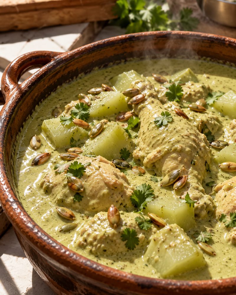Cazuela de barro con pipián verde de otoño: pollo, chayote en cubos, pepitas y cilantro fresco