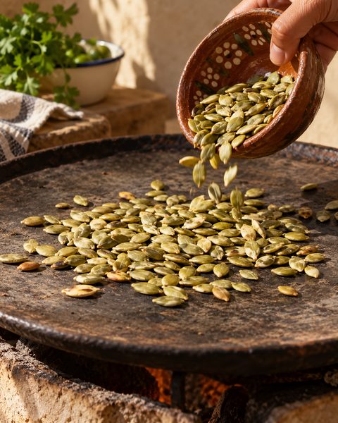 Pepitas verdes cayendo de un cuenco de barro a un comal caliente