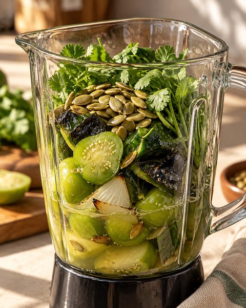 Vaso de licuadora con tomates verdes cocidos, chile poblano asado, cebolla, cilantro y pepita