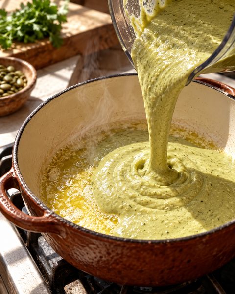 Salsa verde vertiéndose desde la licuadora en una cazuela de barro con ghee caliente