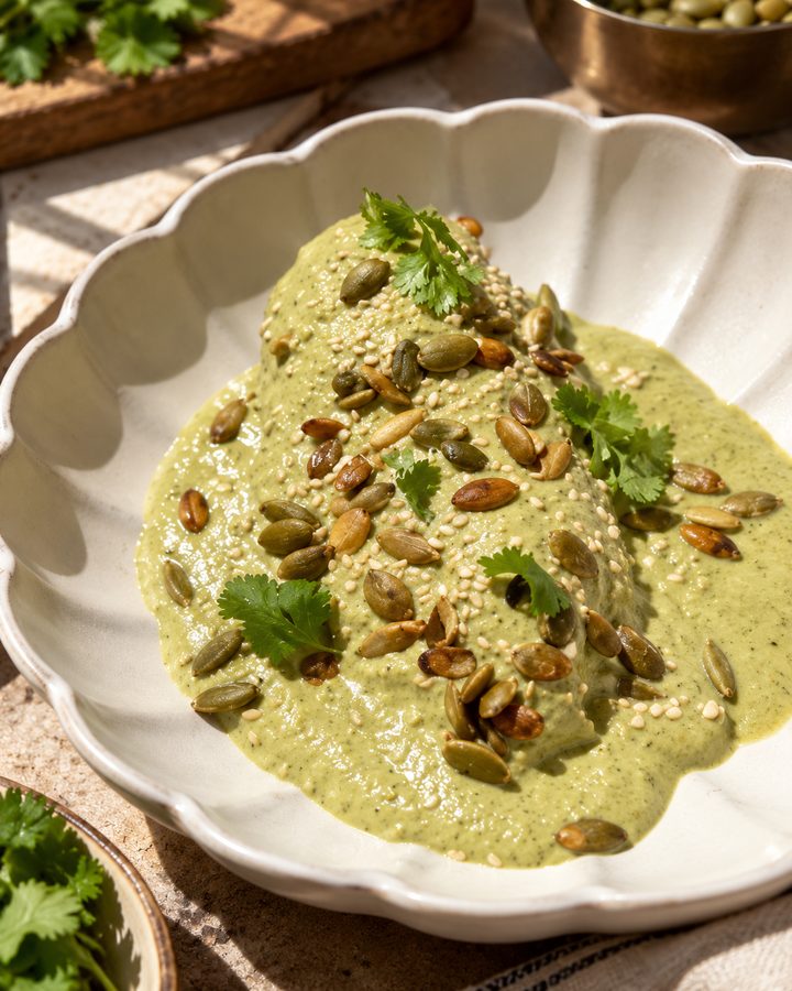 Plato hondo con pipián verde, pepitas tostadas y cilantro, servido en la mesa